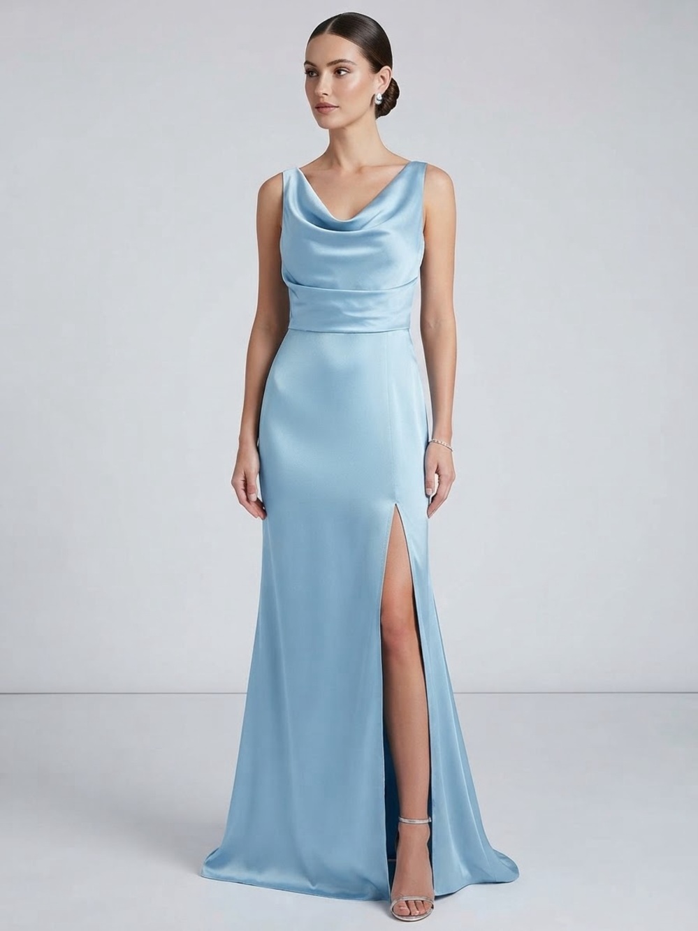 New MANIJU Blue Megan Maxi Dress Cowl Neck Slit Size Large